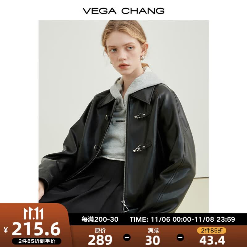 VEGA CHANG机车皮衣女秋2023年新款韩版bf风一字扣PU皮夹克外套 黑色 S怎么看?