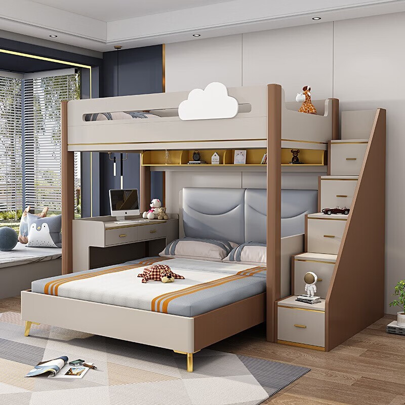 百圣牛实木上下床小孩交错式错位功能带书桌上下铺 l型小户型母子高低