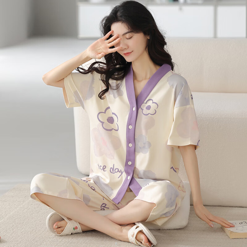 誀川高端品牌睡衣女纯棉春秋季长袖圆领套头家居服女睡衣大码可外穿