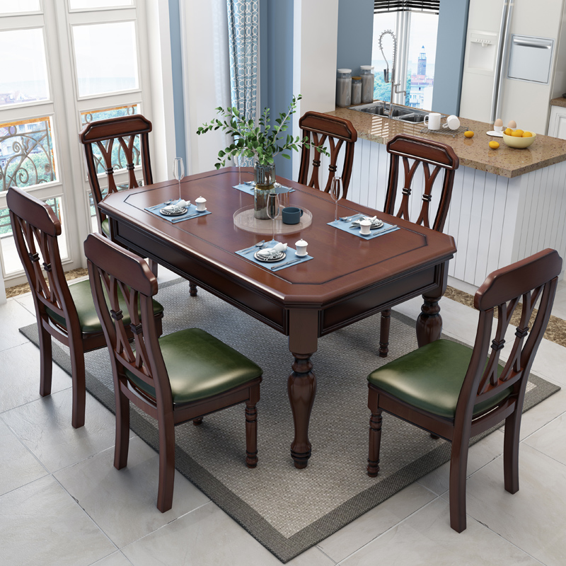 格之美 美式全实木餐桌椅现代简约饭厅家用长方形西餐桌小户型复古家具 一桌四椅(软包座板) 140cm