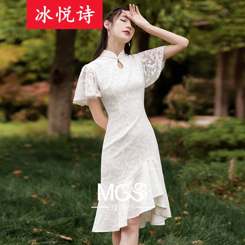 冰悦诗白色法式旗袍2024新款年轻小个子洋装改良版连衣裙女夏季复古 米白色 S