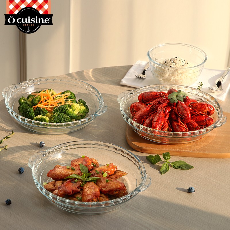 欧贵厨法国进口 耐热玻璃披萨模具微波炉烤箱专用烘培鲍鱼盘带把 带把鲍鱼碟 26cm 【10英寸】