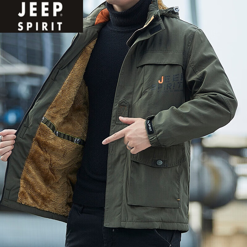 Jeep冬季加绒加厚多口袋工装棉衣男士大码宽松户外登山外套保暖冲锋衣 军绿色 L