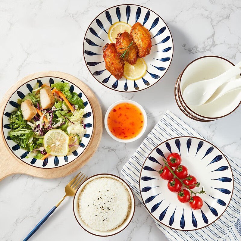 尚行知是碗碟套装日式家用陶瓷餐具套装碗盘面碗汤碗情侣碗筷组合  千叶草四人食16件套