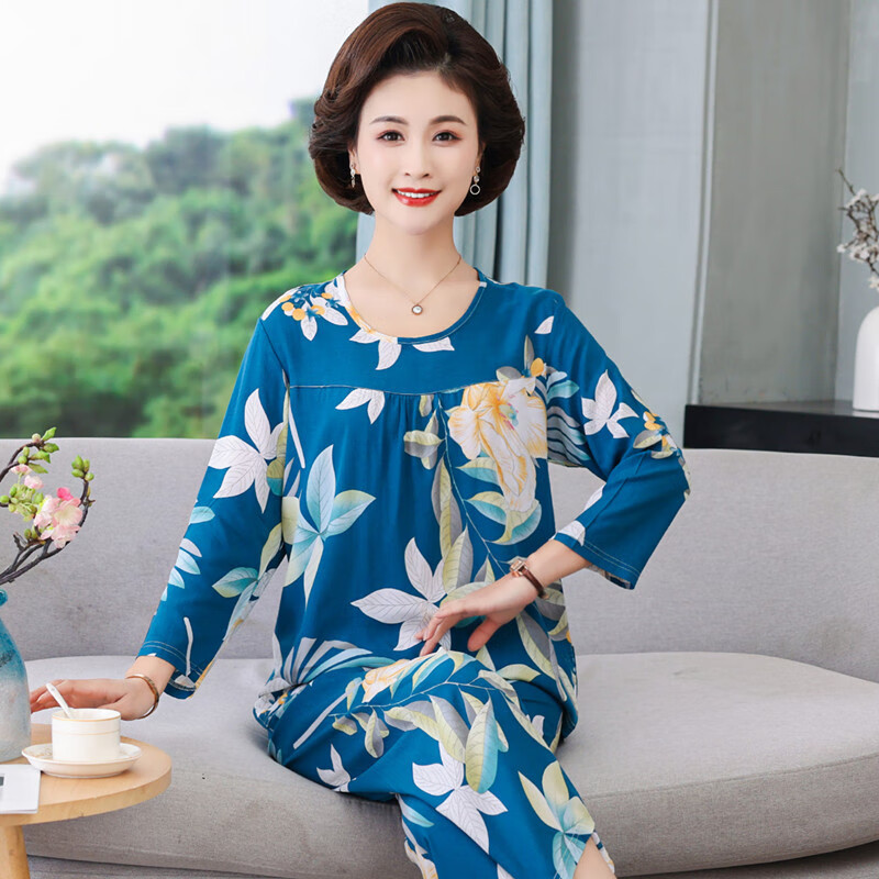 艾慕薇灵(amuvil)妈妈棉绸睡衣女春秋夏季长袖两件套中老年人造棉大码
