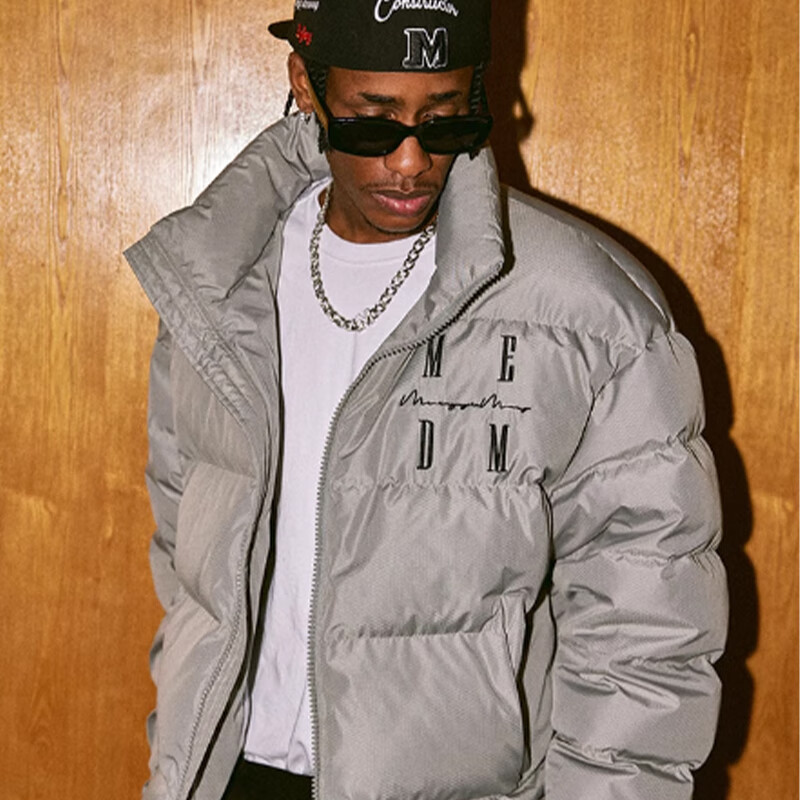 MEDM【王鹤棣同款】 国潮字母刺绣保暖立领羽绒服冬季外套 灰色 L