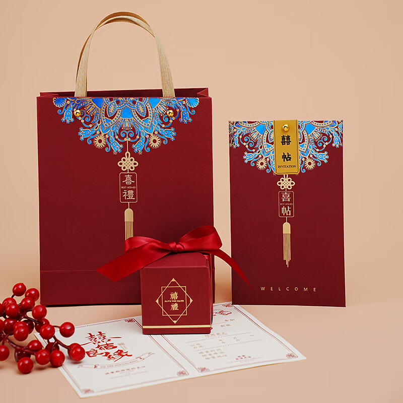 结婚喜糖袋手提袋婚礼邀请函结婚请柬定制照片 喜礼手写版a内页10套