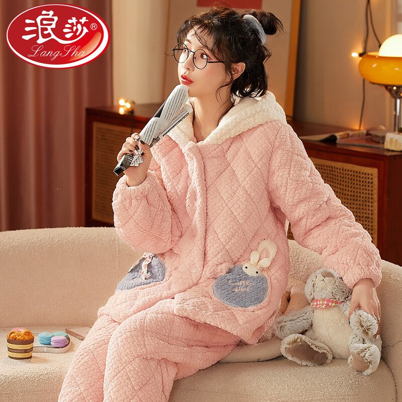 浪莎睡衣女冬季三层夹棉袄加厚加绒珊瑚绒保暖法兰绒家居服套装可外穿 XEQN-62727-2 2XL