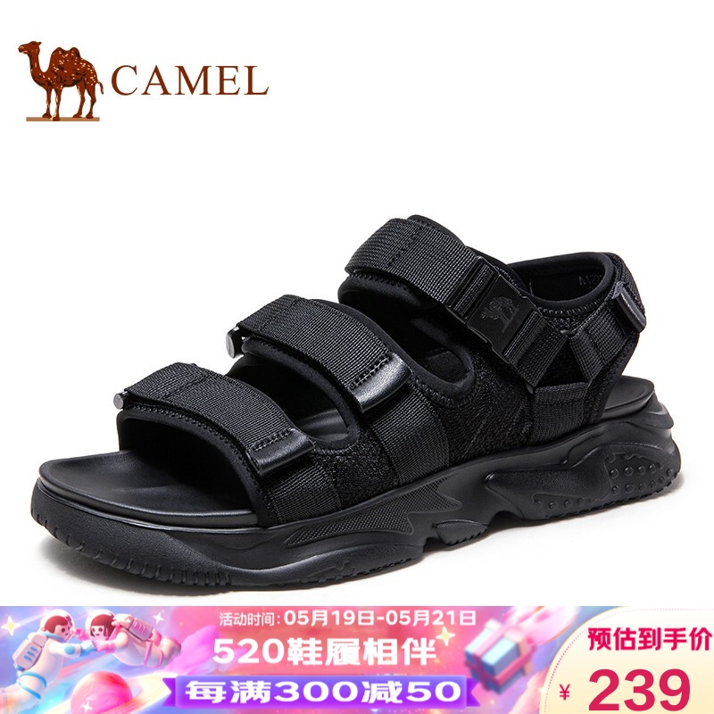 骆驼（CAMEL） 韩版便捷魔术贴沙滩鞋软底气垫潮流男士凉鞋 A122266492 黑色 40