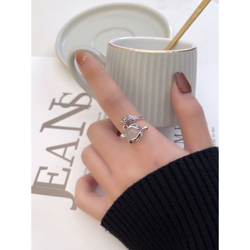 曲美思s925银小狐狸戒指复古百搭白玉髓泰银个性小狐仙食指指环戒子