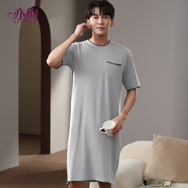 亦绚 睡裙男夏睡衣莫代尔大码220斤感睡袍夏季男士睡裙长款冰丝短袖薄