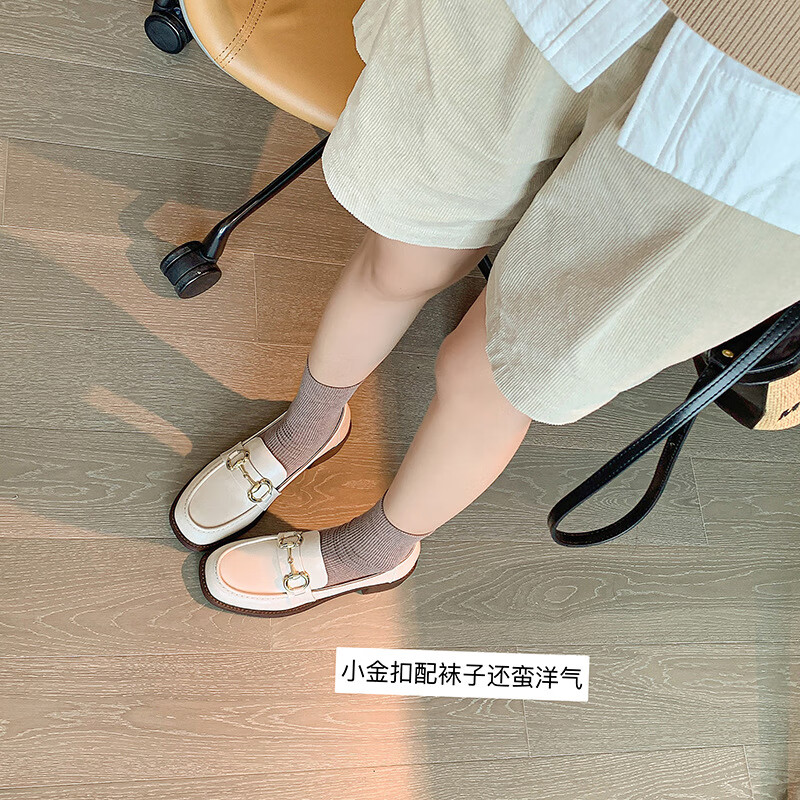 戴丽格软软底中跟粗跟方头浅口复古单鞋女秋季新款乐福鞋 米色 34