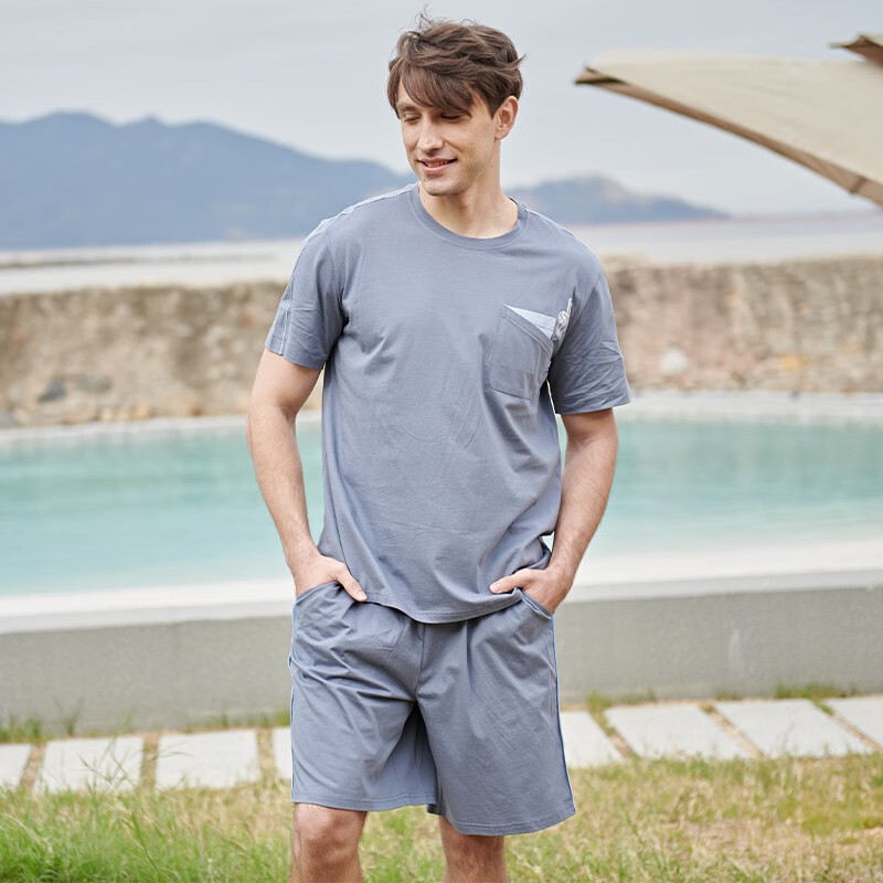 绮瑞睡衣男夏款纯棉短袖短裤套装男士夏季薄款圆领家居服宽松大码 灰蓝 XL (适合140-160斤)