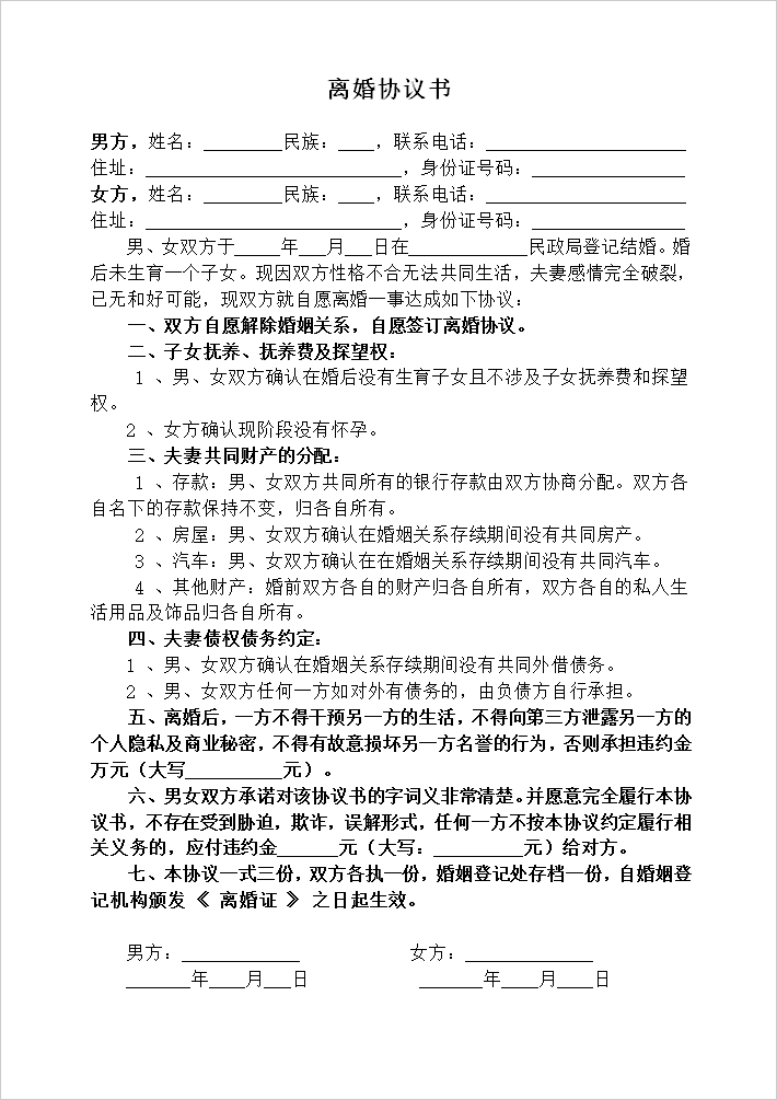 fgacct 离婚协议书 打印好的  定做修改离婚合同 财产分割子女抚 (无)