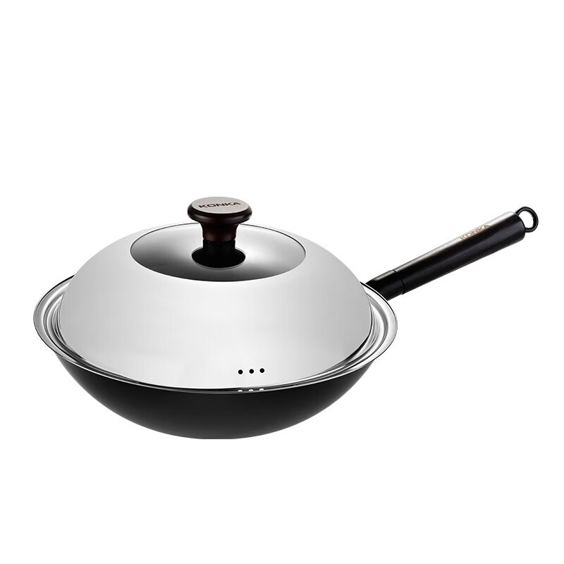 康佳（KONKA）铁锅无涂层精铁炒锅32cm家用大容量老式炒菜锅燃煤气灶通用不粘锅 【已开锅】圆底带盖盖 32cm