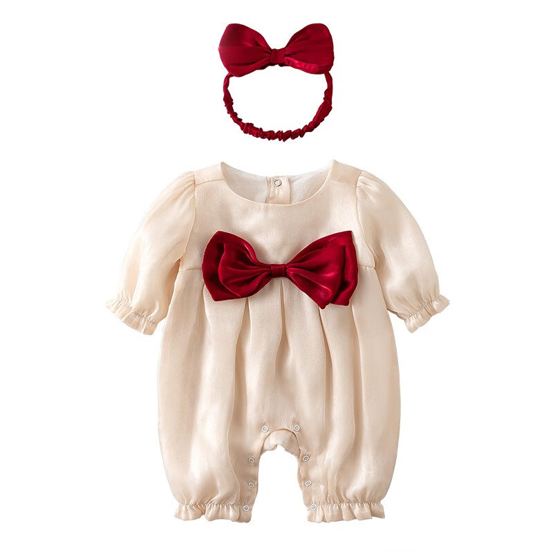 auro mesa婴儿连体衣春秋珠光暮云纱大蝴蝶结长爬服发带宝宝公主百天