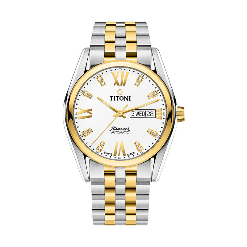 梅花(titoni)瑞士手表 空中霸王系列 机械间金钢带男士腕表 40mm