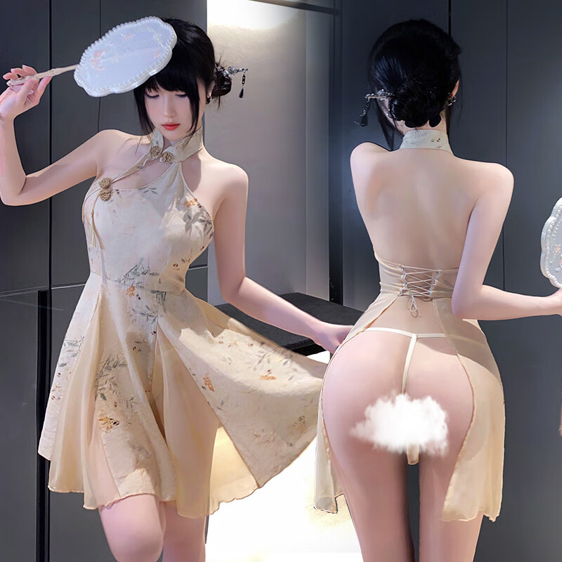 霏慕情趣中式旗袍露臀背套装内衣女级污度诱惑夫妻刺激性感连衣长裙 古韵新中式【连衣裙+T裤】 均码【建议体重80-125斤】