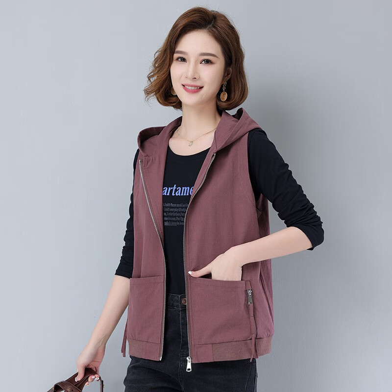 玛妍妮 纯棉马甲女春秋宽松休闲连帽薄款马夹中年女装背心外穿坎肩