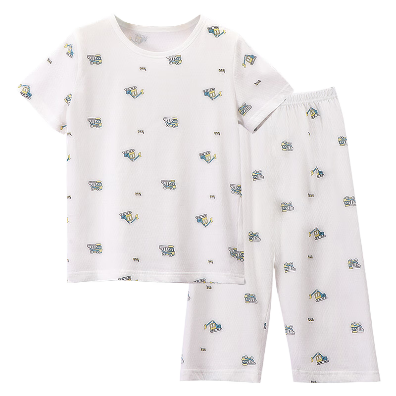 红豆儿童纯棉家居服套装男女中大童短袖网眼夏季睡衣青少年全棉空调服 H1J3325(挖掘机) 110