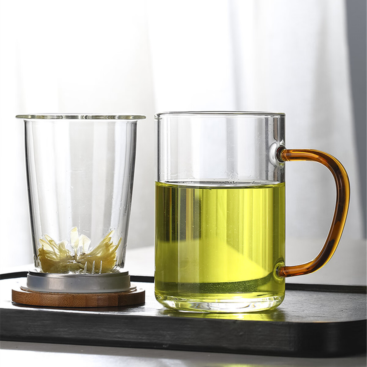 八玺（BAXI）耐热玻璃杯茶水分离办公室茶杯家用带茶滤水杯泡茶杯子可加热茶具 养心杯（三件套） 450ml 1只 简约茶水分离办公室玻璃杯