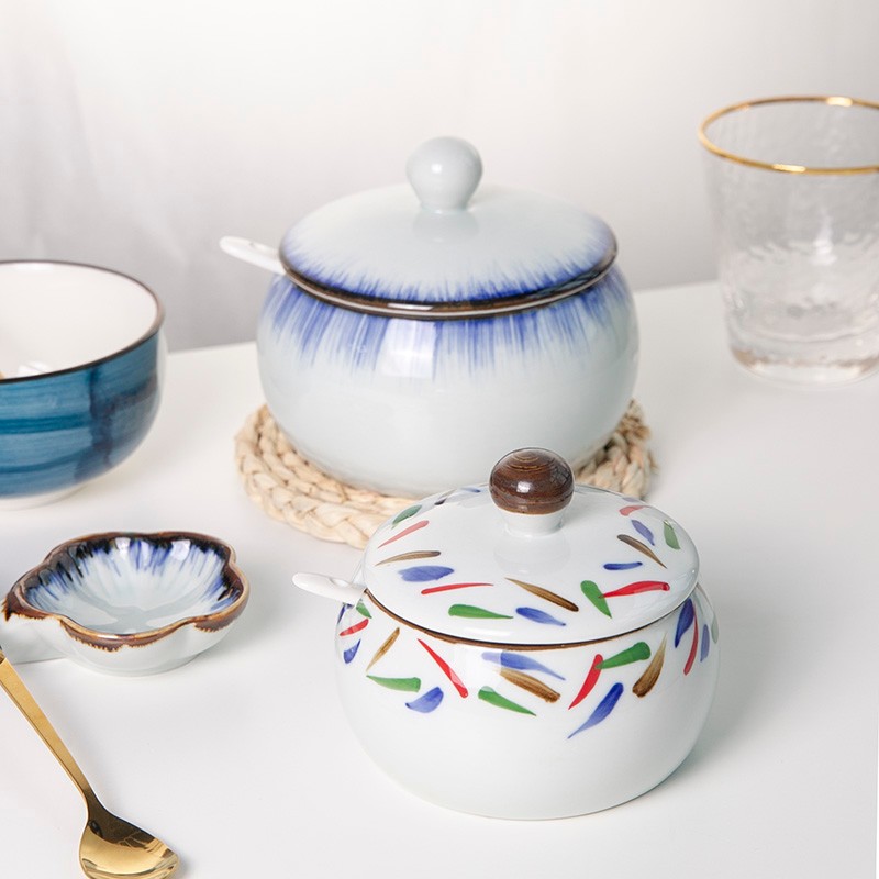 和风四季釉下彩调味罐盐罐厨房调料罐调料盒陶瓷辣椒罐猪油罐炖盅油辣子罐 四色大号调味罐(配勺) 550ml