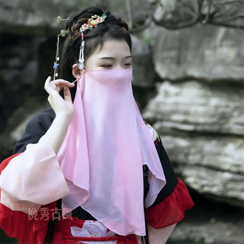 屿汐亚麻围巾夏季古风汉服面纱纯色面纱女古风遮脸半透头饰百搭配饰
