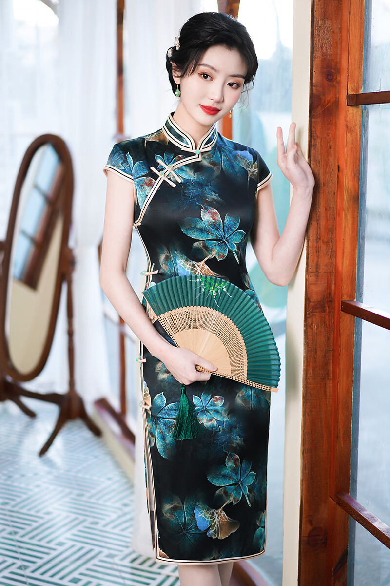 菲奢兰高档旗袍桑蚕丝真丝高端大码重磅中长婚礼高考旗开得胜礼服裙