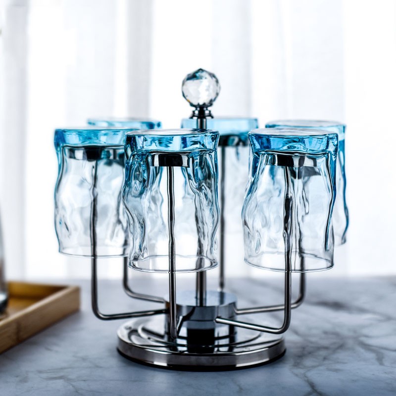 杯套装茶杯轻奢客厅彩色创意杯子杯架杯具 水晶蓝300ml6只 旋转杯架