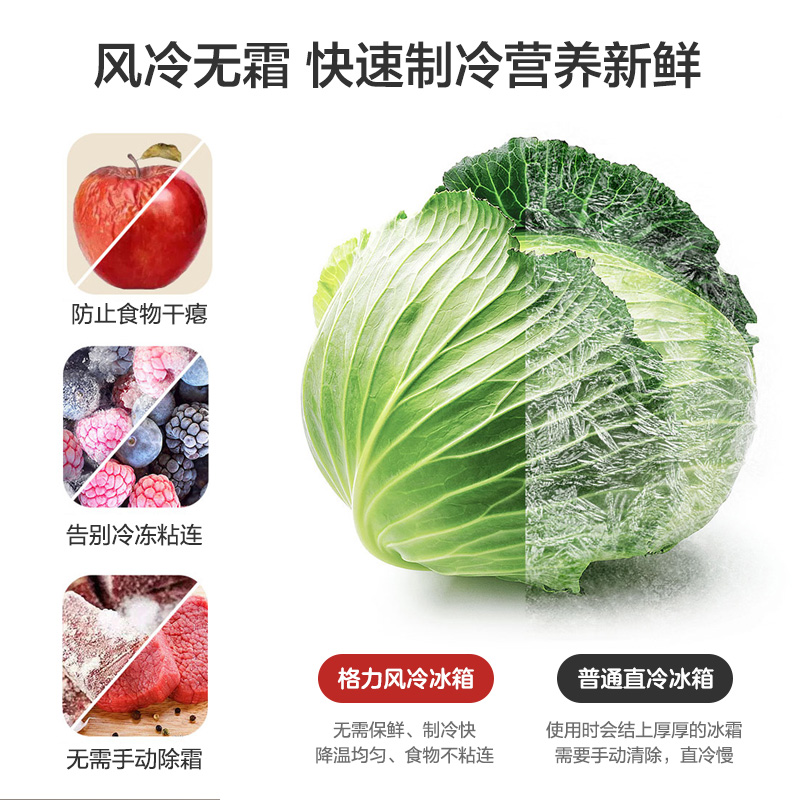 格力（GREE）晶弘225升三开门风冷无霜冰箱迷你小型家用宿舍出租房屋三门大冷冻节能低噪离子净味电冰箱 BCD-225WETC/时代金