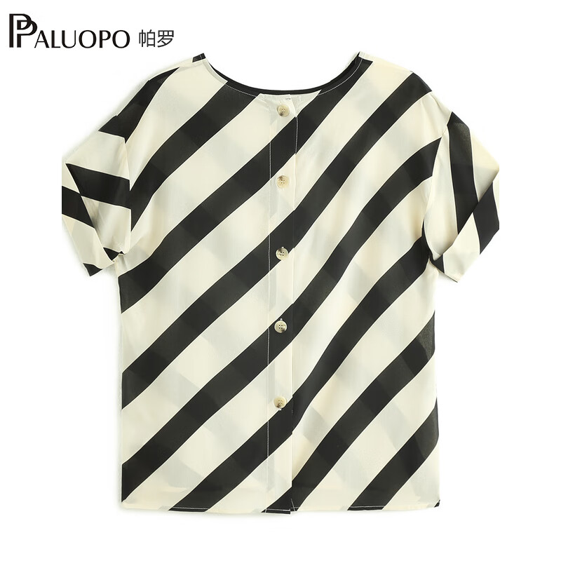 帕罗(PALUOPO)14姆米双绉真丝短袖t恤女条纹印花圆领100%桑蚕丝森休闲t体恤上衣 米黑 2XL (175/96A)