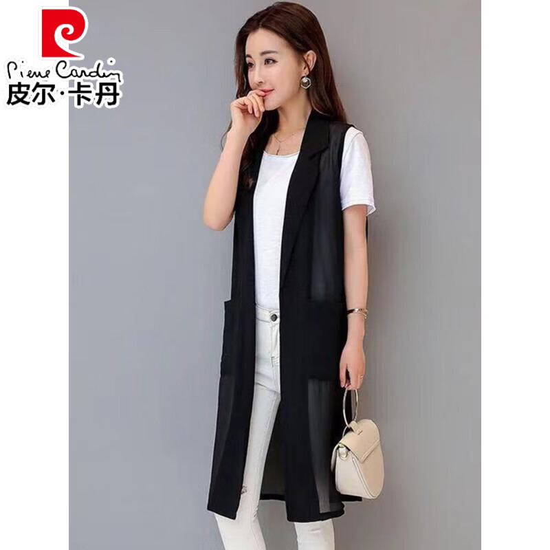 皮爾卡丹（pierre cardin）2025夏季新款中長(zhǎng)款雪紡西裝馬甲女韓版薄款坎肩無(wú)袖開(kāi)衫外套 黑色 2XL建議130-140斤