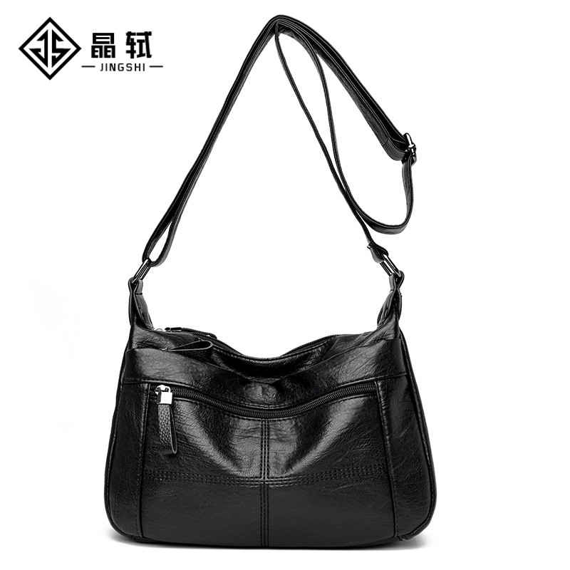晶轼软皮包包女2025新款百搭大容量斜挎包时尚中老年妈妈包女士单肩包 黑色