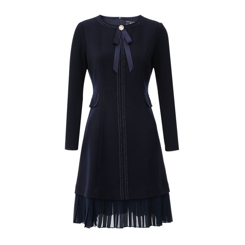 爱特爱（EITIE）高级感时尚蝴蝶结修身a字网纱拼接毛呢连衣裙冬季新款7607316 深海蓝31 M 160