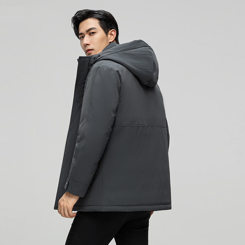 康博90鸭绒时尚通勤短款男士羽绒服连帽抽绳设计简约保暖外套 黑色 m