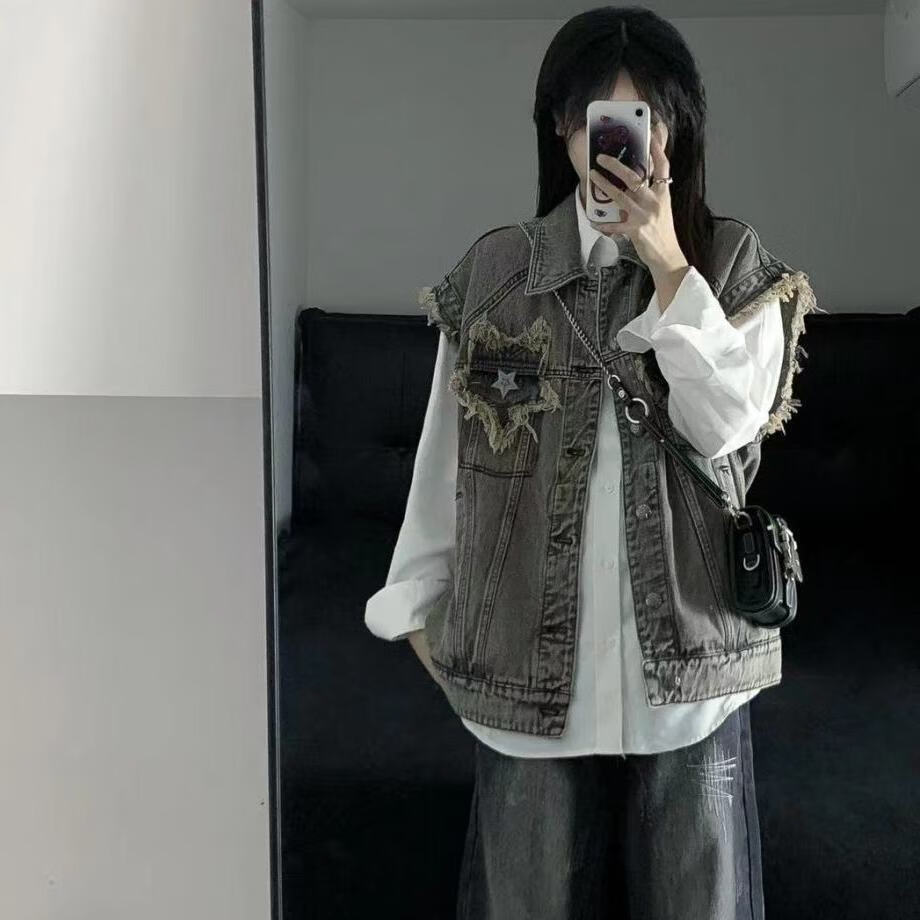 女短款秋冬外穿背心两件套装港风复古春季新款宽 套装牛仔马甲 衬衫 s