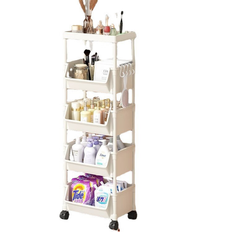 小推车置物架家用零食落地多层客厅整理收纳书架移动果蔬菜架 三层白[无盖款]送轮子+4挂钩