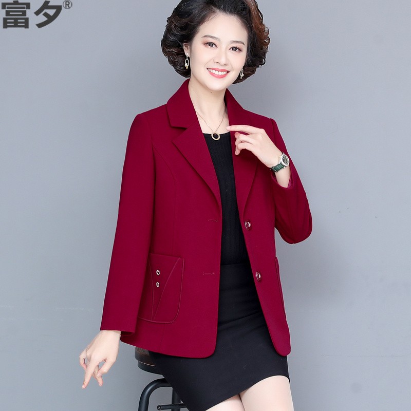 富夕妈妈春装2024新款西装外套女中年舒适棉麻正装西服本命年大红衣服