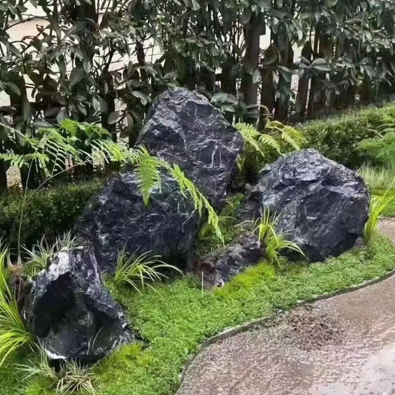 立始产地直供黑山石原石日式枯山水景观石驳岸假山鱼池园林造景黑山石