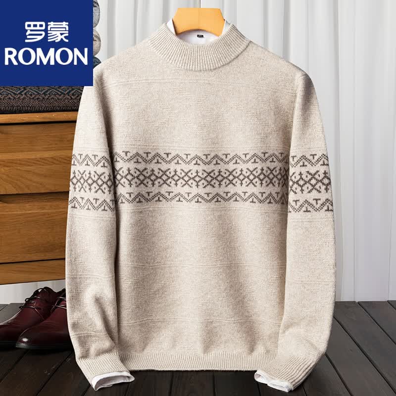 罗蒙（ROMON）羊绒衫男100纯羊绒高端提花半高领针织打底衫秋冬季加厚毛衣 米咖 165/84A属于什么档次？