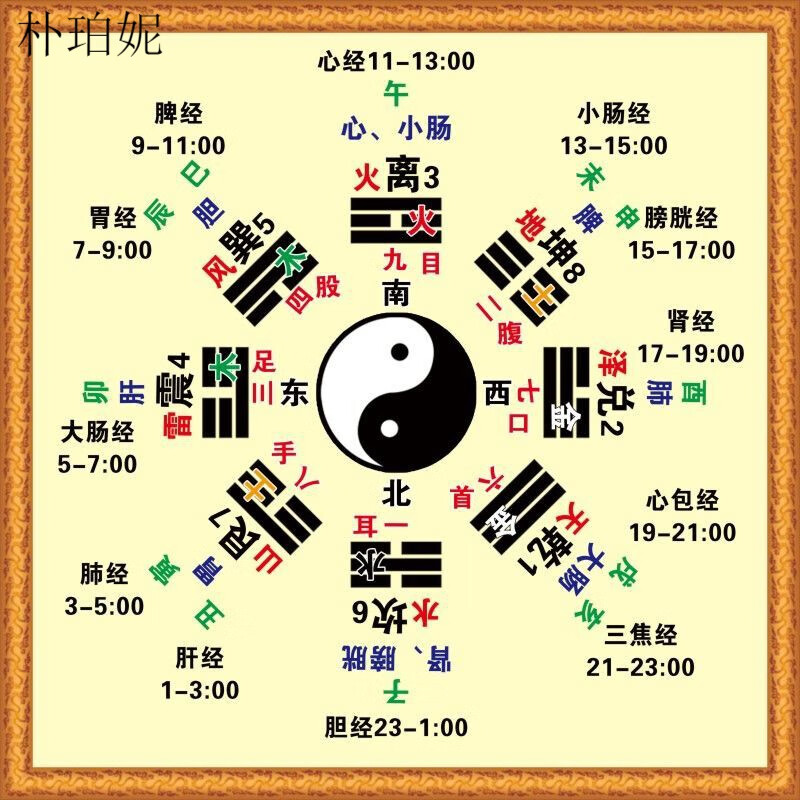 芳居道 周yy经知识后天八卦十二时辰中医五行养生画十二经络对应太极