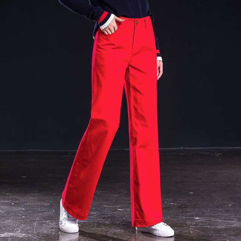 兰威费雷红色直筒牛仔裤女秋季新款高腰宽松长裤弹力阔腿红裤子女 红色 单款 31 【2尺4】（130斤-140斤）