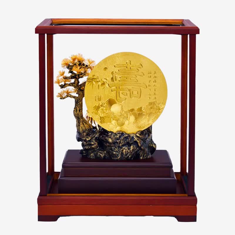 京峰阁 松龄鹤寿金箔橱窗祝寿摆件 送老人长辈生日礼物六十八十大寿礼品 橱窗松龄鹤寿