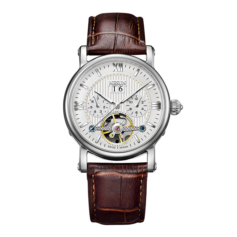 尼尚(nesun)全自动机械手表男镂空飞轮机械表夜光防水双日历男士手表