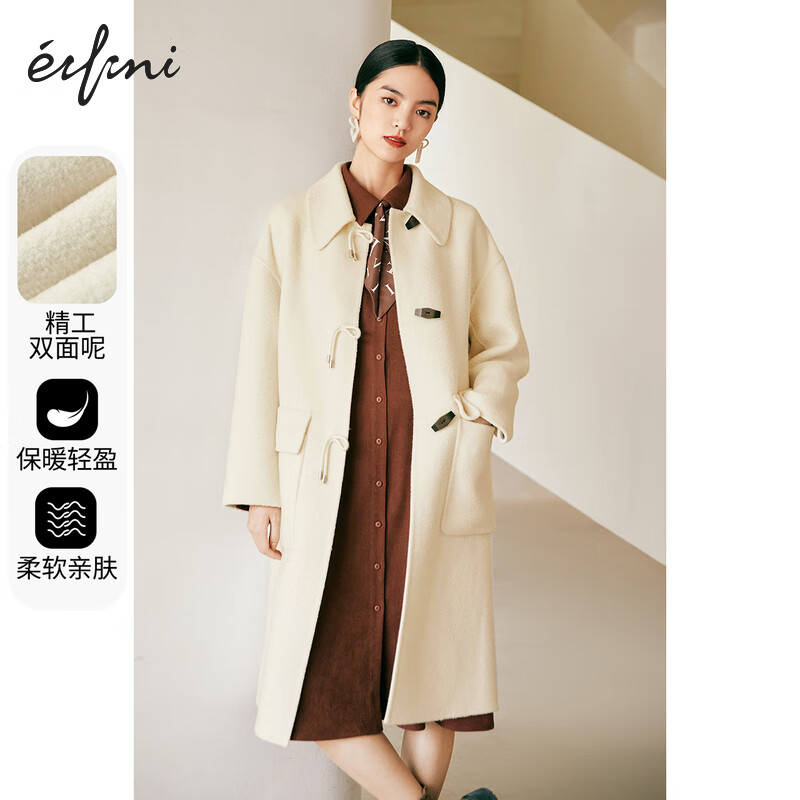 伊芙丽（eifini）【商场同款】毛呢外套女冬装羊角扣双面羊毛大衣1CA470391 米白 155/80A/S