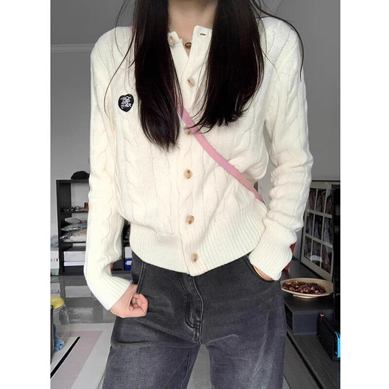 柠檬初上 白色短款麻花针织开衫女学院风修身内搭打底衫外套春休闲