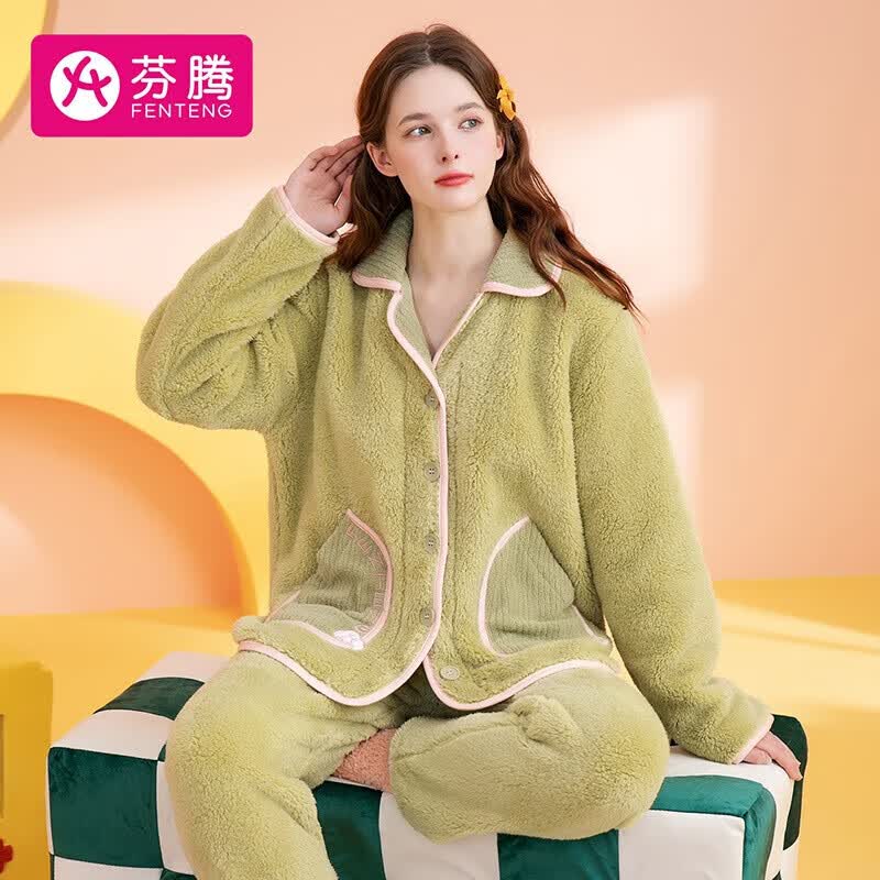 芬腾睡衣女士秋冬加绒珊瑚绒翻领可外穿保暖家居服套装Q9984740950高性价比高么？