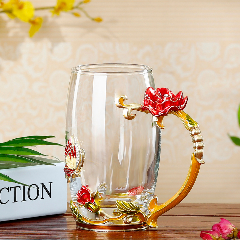 思艾格玻璃杯珐琅彩茶杯家用水杯咖啡杯子女创意个性潮流欧式漂亮的