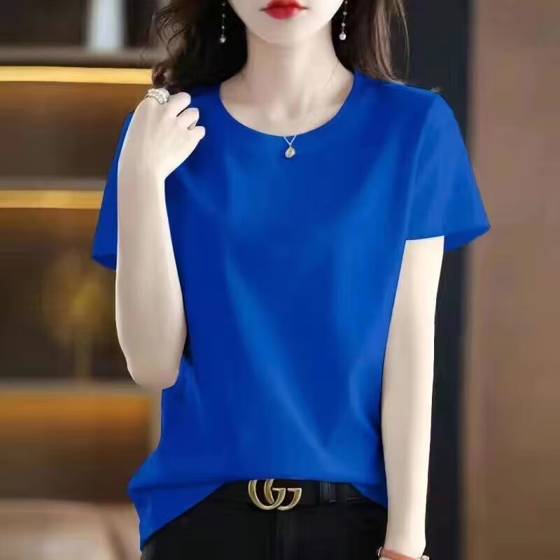 清仓捡漏出口品牌折扣女装夏季短袖纯棉t桖休闲宽松百搭上衣 蓝色 纯色 M 建议80斤-100斤