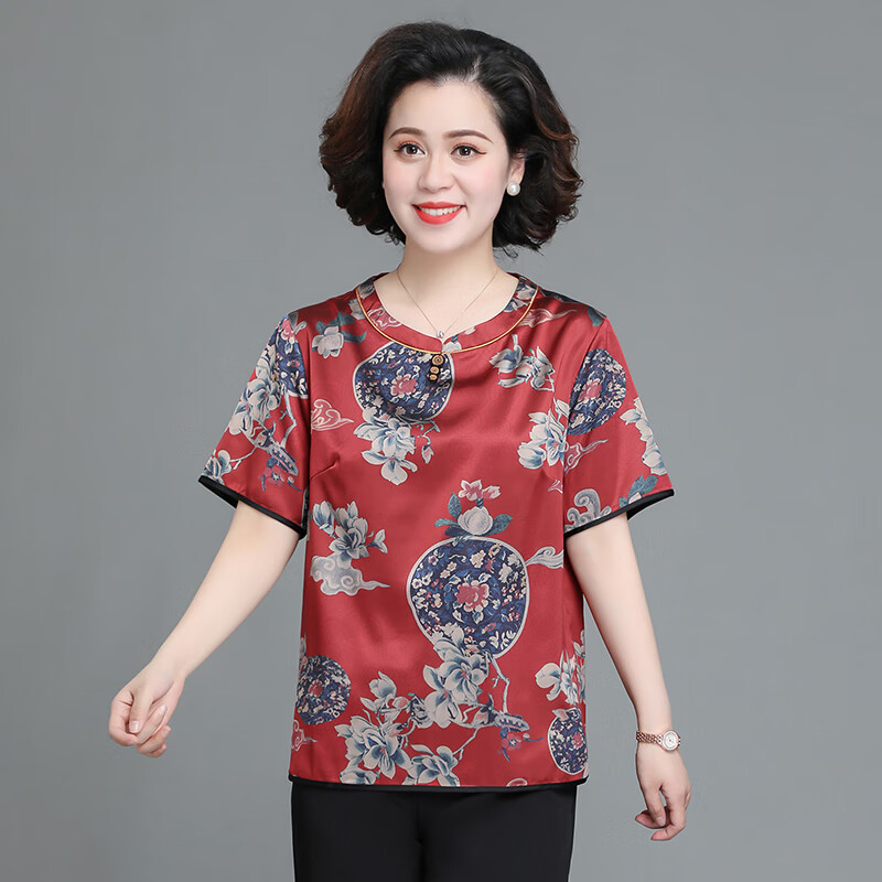 珂源羊中老奶奶妈妈夏季洋气中国风上衣奶奶夏装短袖小衫女 红色 4XL 